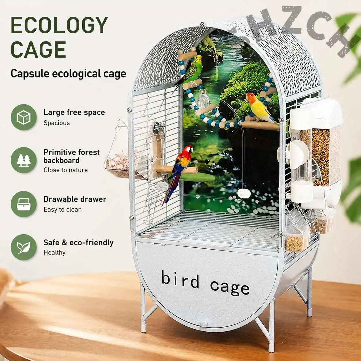 Premium Parrot Cage with Solid Wood Backboard DIY Interior Design for Monk Sun Conure Cockatiel Birds Natural Style Time Capsul
