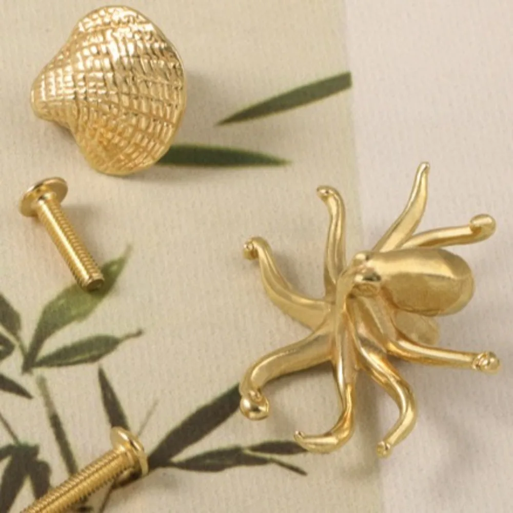 Gold Color Shell Fish Brass Handle Luxury Furniture Hardware Cabinet Door Knobs Push-pull Single Hole Wardrobe Drawer Pulls