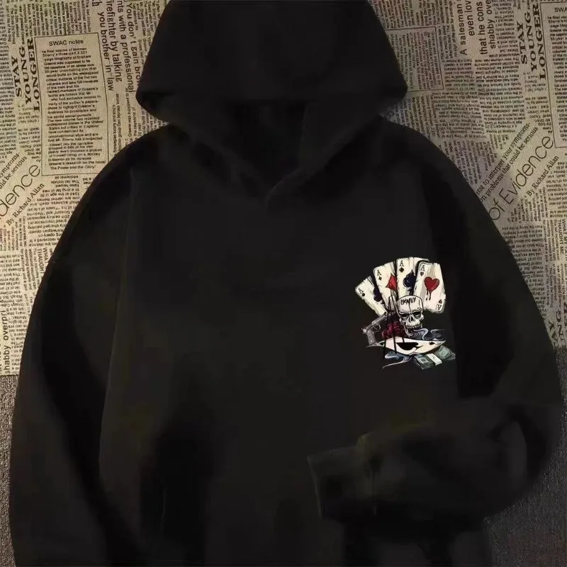 【M-8XL Hoodies】Autumn Men Pullover Hoodie Oversized Sweatshirt Fashion Loose Skeleton Poker Print Long Sleeve Couple Clothes