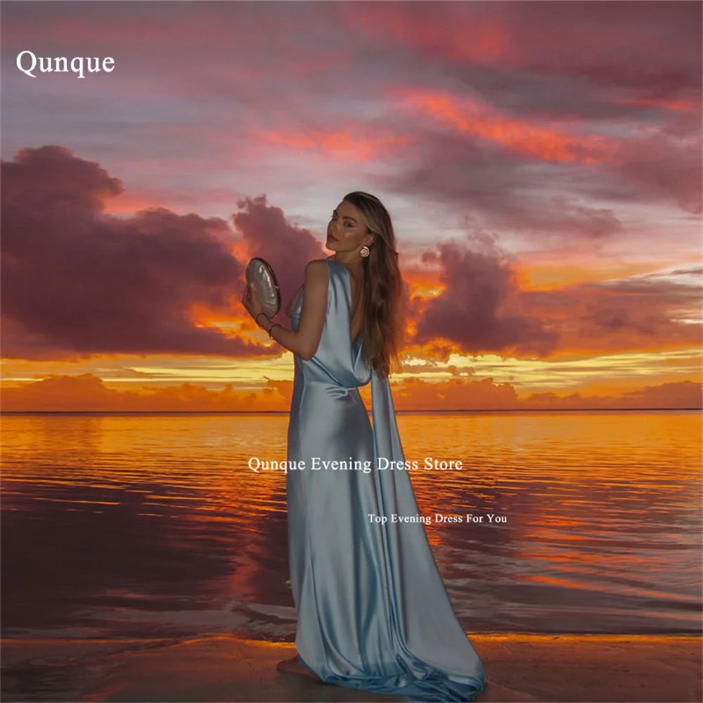 

Qunque Ice Blue Satin Women's Formal Evening Gowns Mermaid Backless Prom Dress Sleeveless Wedding Party Gowns Customized