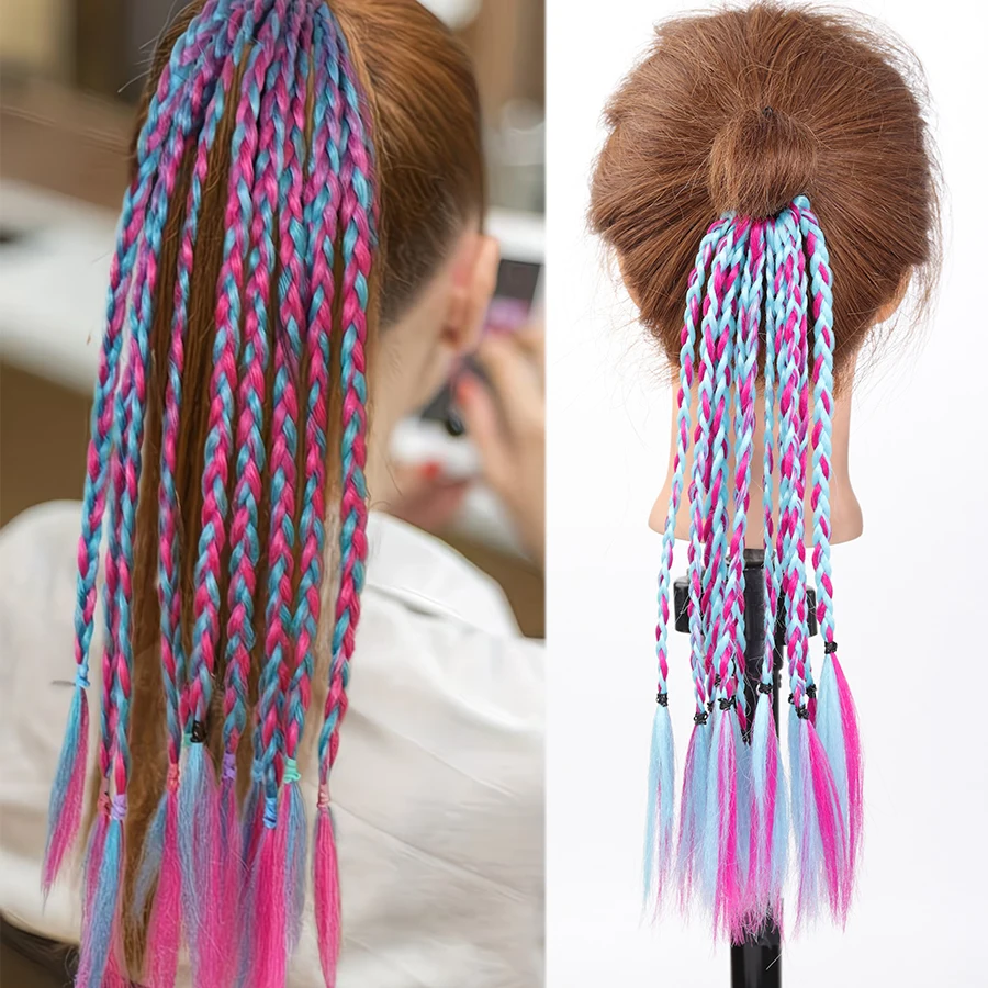 12 strand Braided wig With Colorful Tips/Children's hip-hop Synthetic Rainbow Ponytail, Suitable for Girls