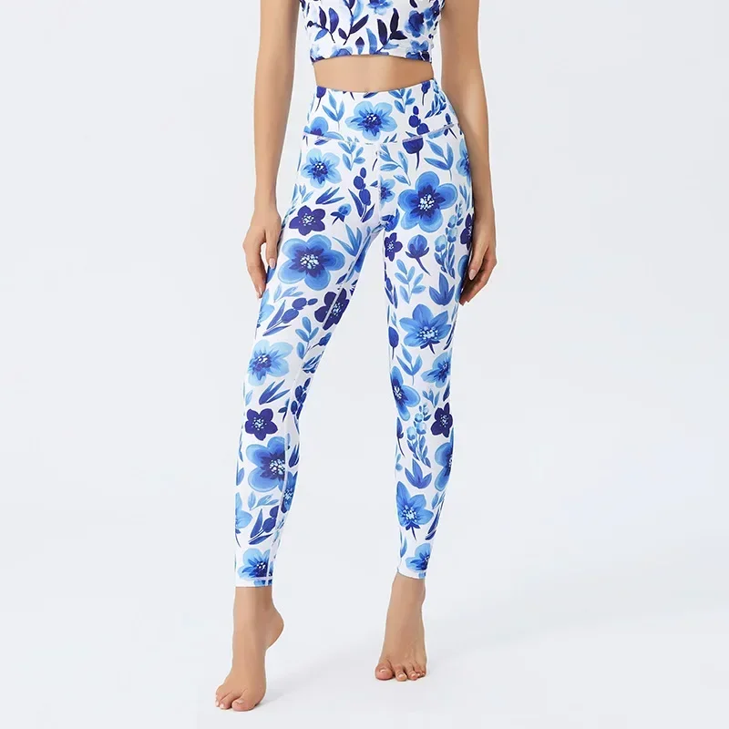 Women New Hot Sale High Waist Yoga Leggings Blue Flower Printed High Stretch Butt Lift Fitness Pant for Dancing Gym Leisure 7Z