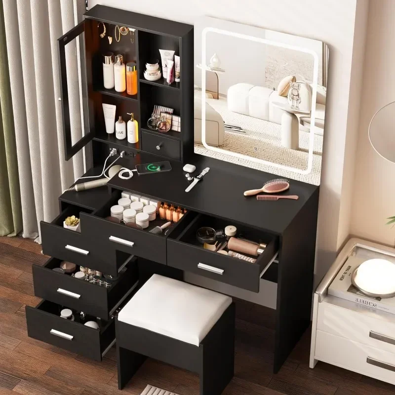 

# Туалетный столик для макияжа с зеркалом и подсветкой, белый туалетный столик с зарядной станцией, туалетный столик с RGB-шкафом #