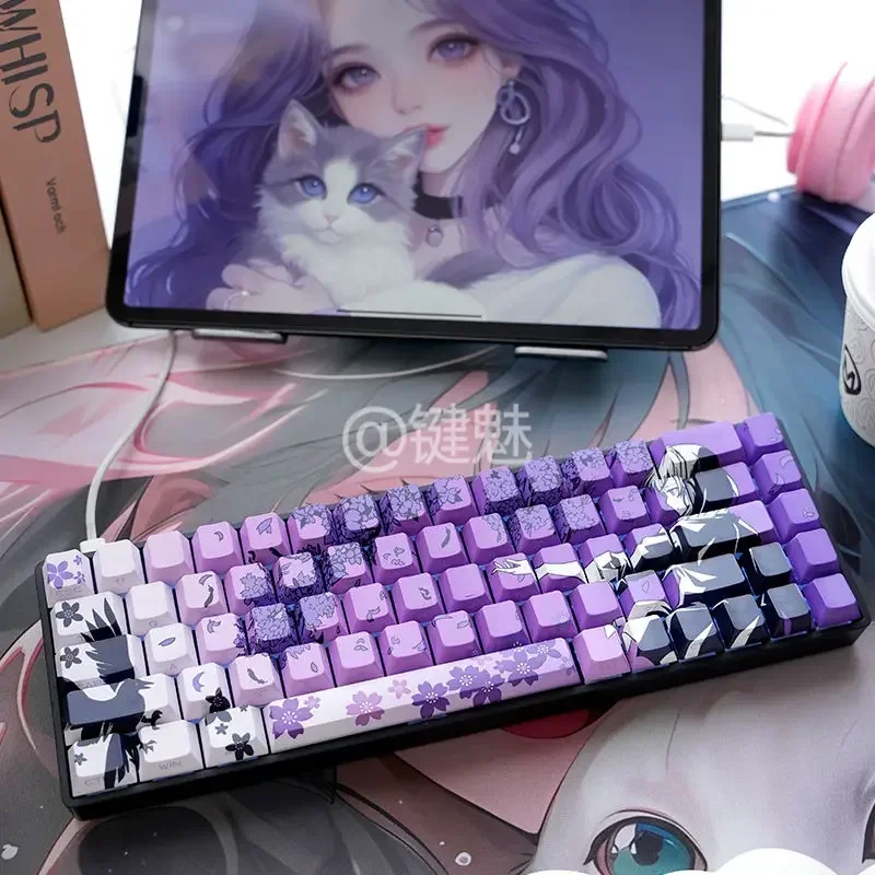 132 Raven Sakura Keycap Cherry Profile Cute Anime Keycap Double Shot Sidelit Shine Through PBT Keycap for MX Mechanical Keyboard