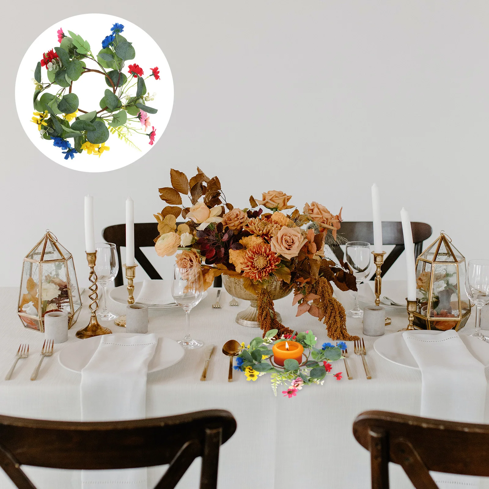 

2Pcs Floral Rings Featuring Daisy and Eucalyptus Leaves Mini Wreaths for Indoor Decor Festivals Thanksgiving Centerpiece