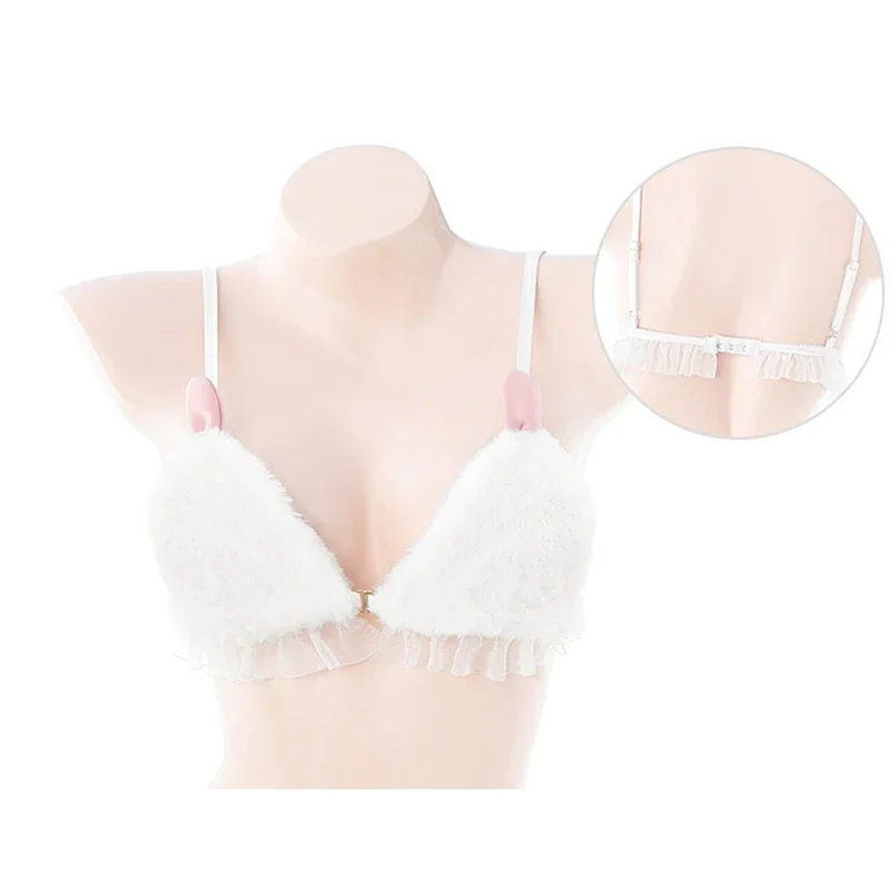 White Plush Bunny Girl Cosplay Sweater Underwear Women Sexy Lingerie Rabbit Ear Bra and Panties Suit Exotic Outfits Costumes