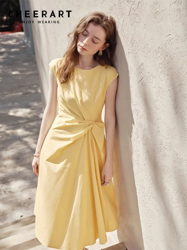 

CHEERART Kink Yellow Sleeveless Solid Dresses 2025 Woman Summer Cotton White Knee Length A Line Designer Casual Dress