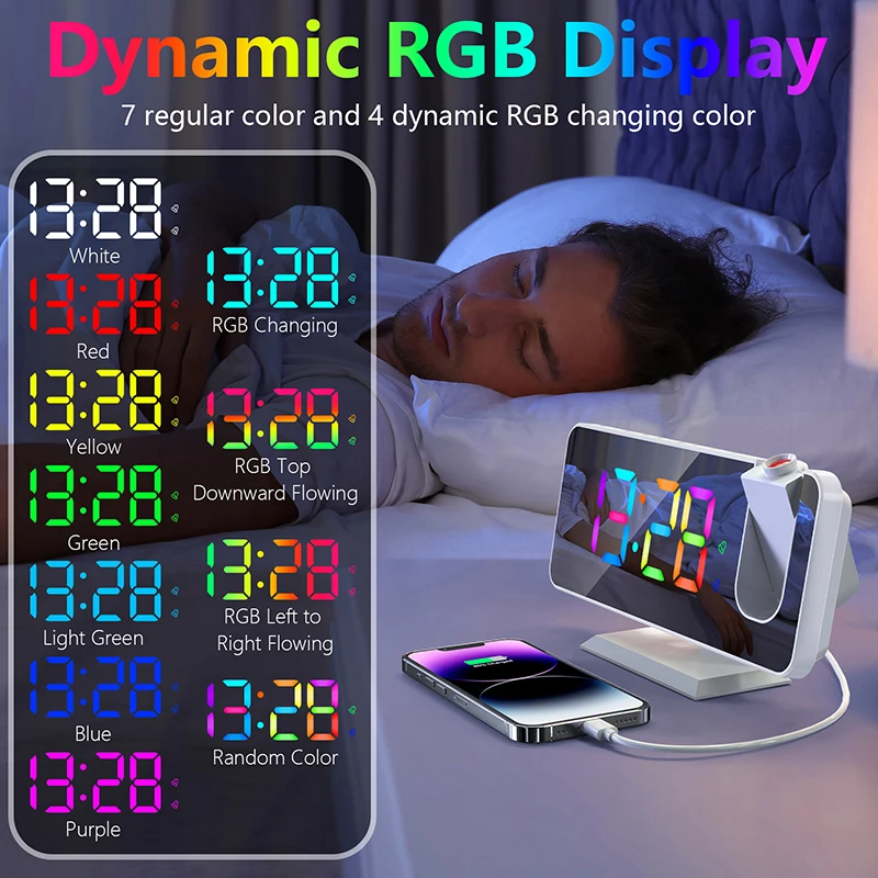 Large Screen Mirror Led Digital  Alarm Clock RGB Color Gradual Change Projection Table Desk Clock Snooze Function 2 Alarm Clock