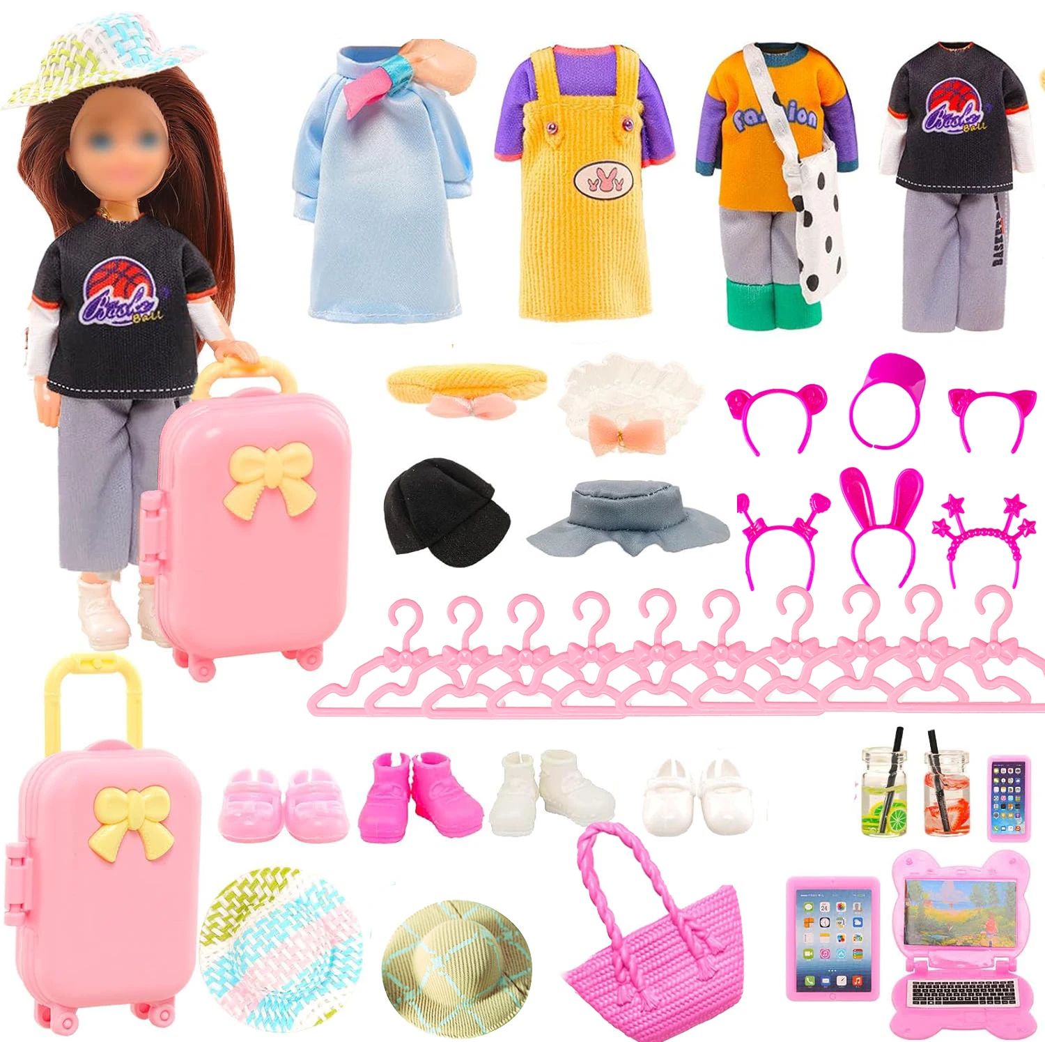 29 Pcs 5.3 Inch Doll Clothes Suitcase Accessories 4 Tops and Pant Outfits 3 Swimsuits 1 Luggage 4 Shoes 17 Travel Accessories