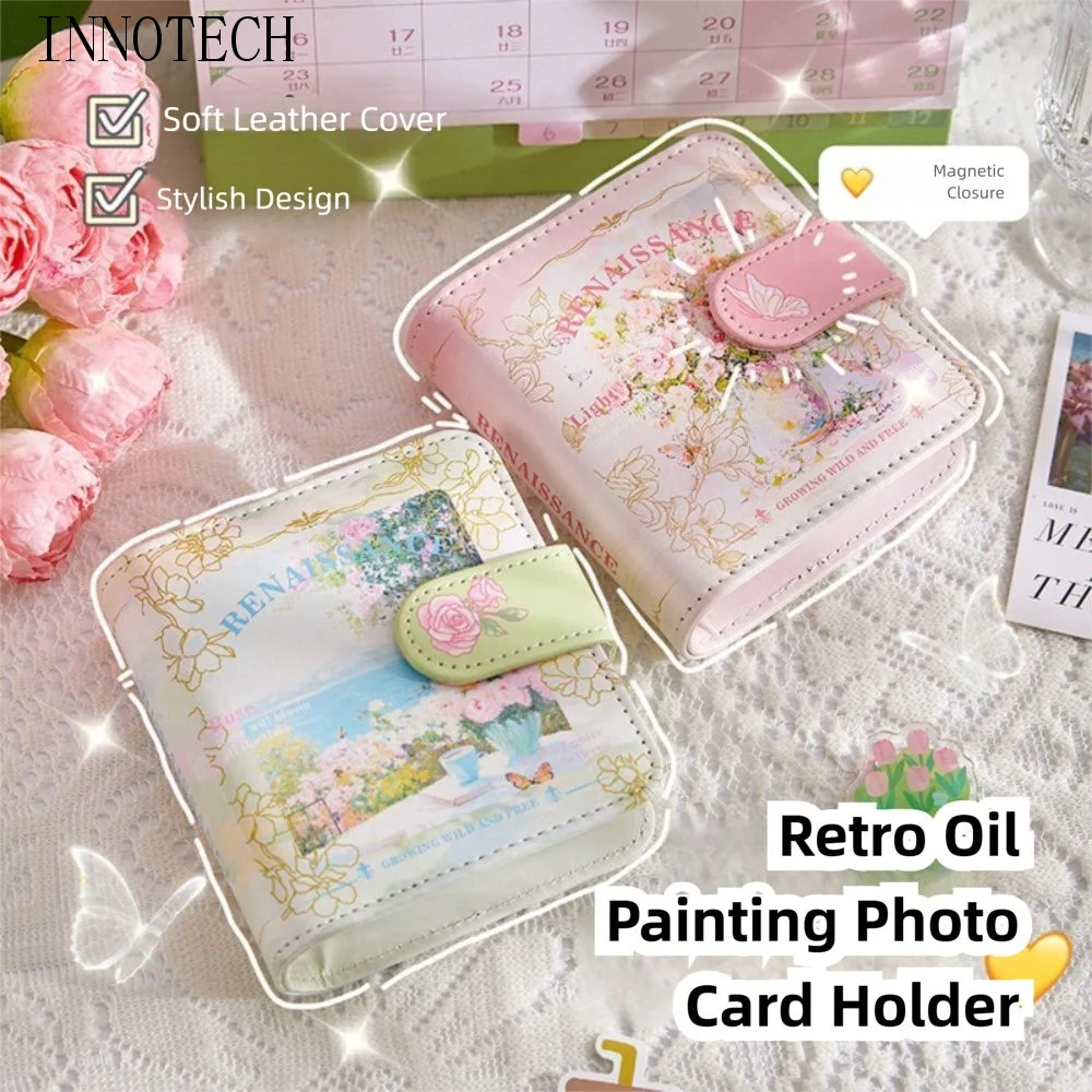 

Vintage Card Storage Booklet Oil Painting Style Retro Mini 3-Ring Photo Album Holds 3-inch Hold 20 Cards Photocard Binder