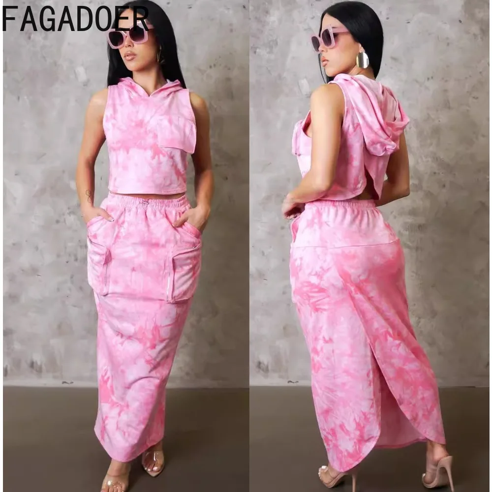 

FAGADOER Fashion Tie Dye Print Cargo Skirts Two Piece Sets Women Hooded Sleeveless Crop Top And Skinny Skirts Outfits Streetwear