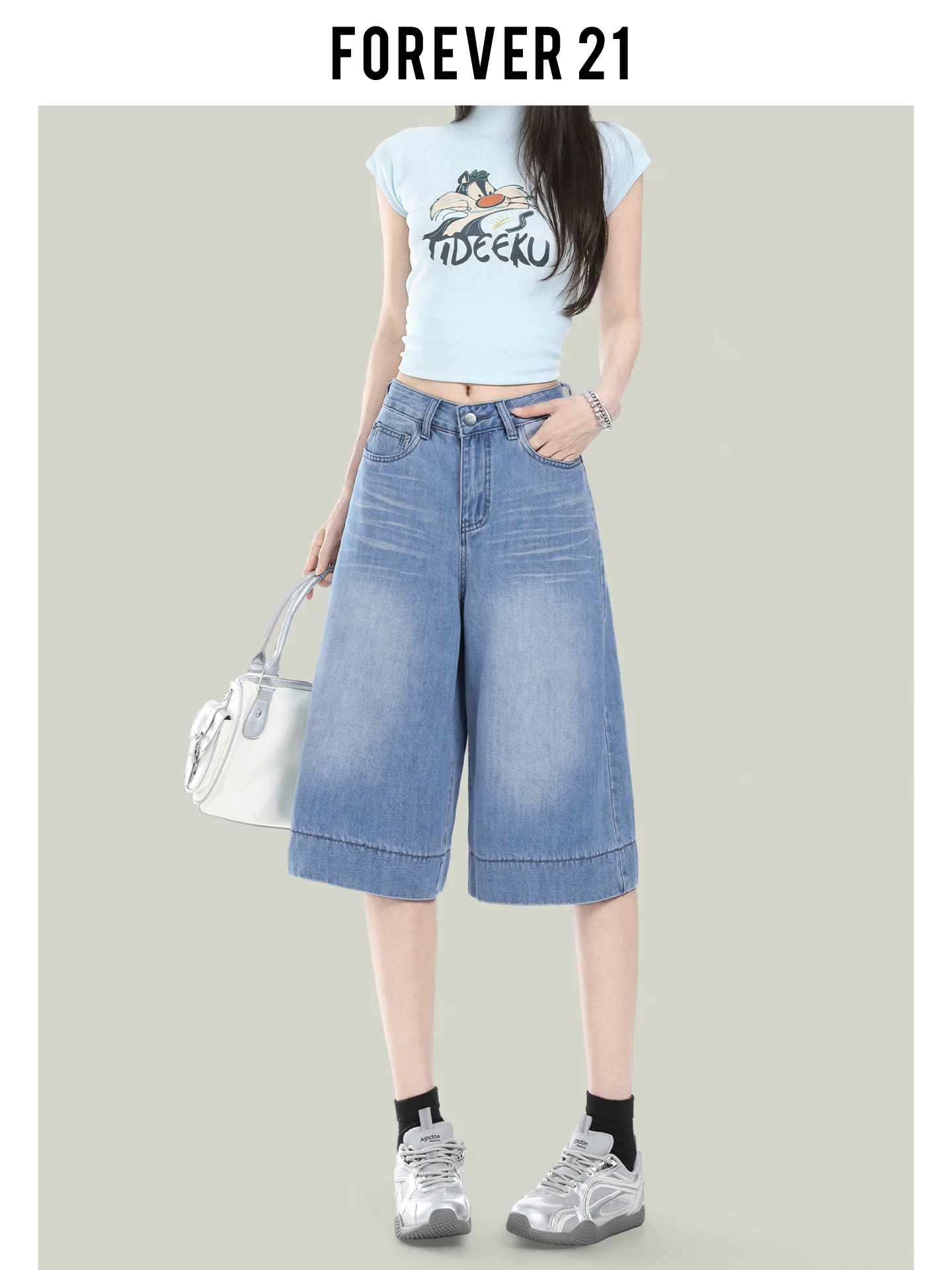 Jeans de Mujer Forever 21 Vintage Azules de Pierna Ancha, Estilo Americano Casual, de Cintura Alta, Capri, con Caída Recta