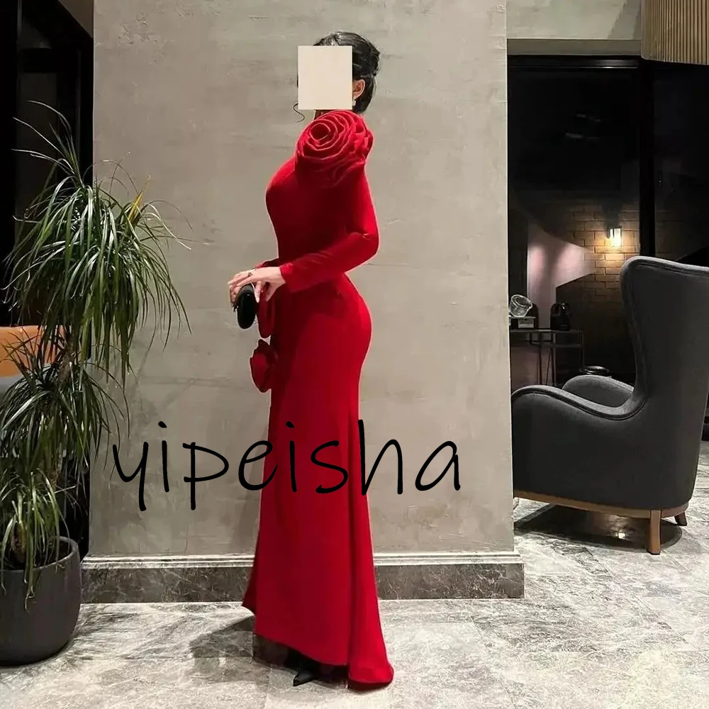 Customized Elegant Red High Neck Prom Dress With Flowers Long Sleeve Party Evening Dresses Floor Length Formal Occasion Gowns