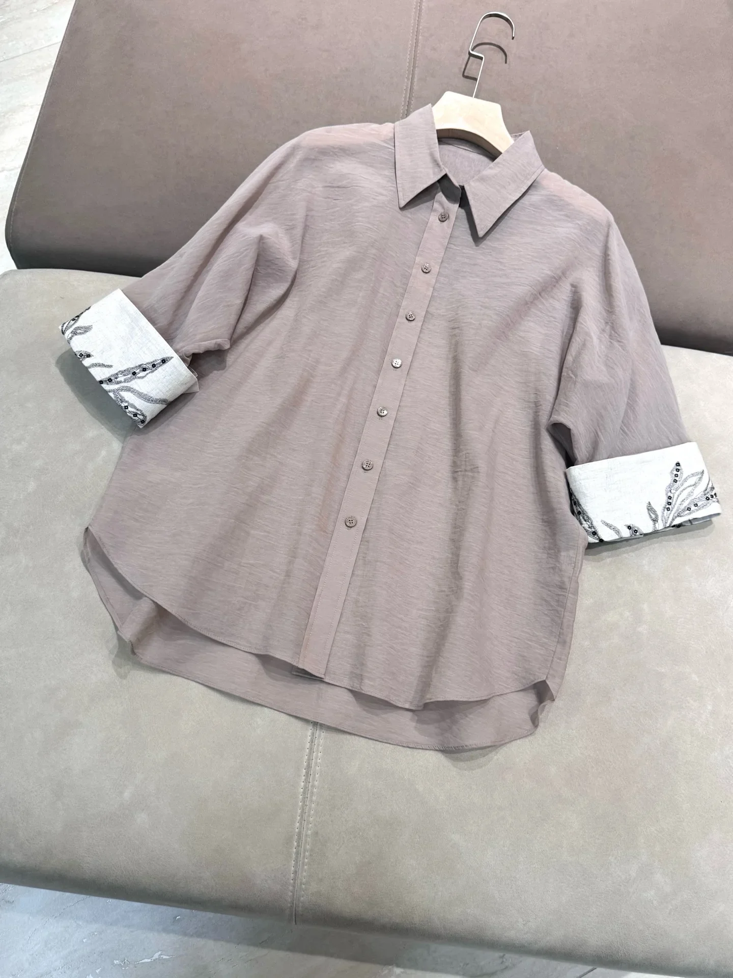 Spring Summer 2025 Women's Cotton Blend Shirt Contrast Color Cuffs Short Sleeve Turn-down Collar Single Breasted Loose Blouse