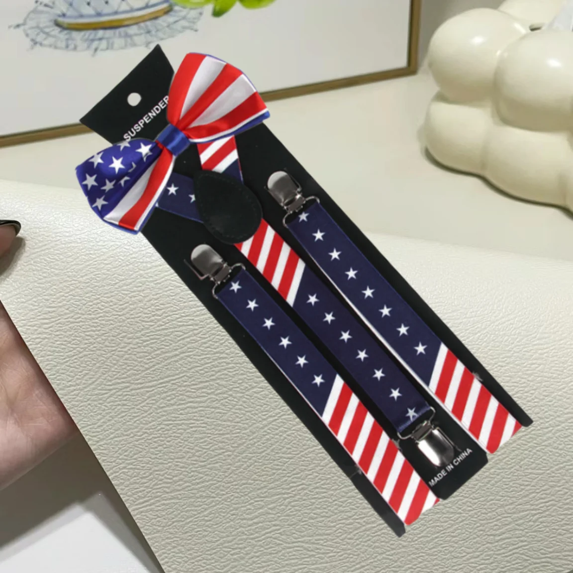 2pcs American Independence Day Adult Suspenders Clip + Bow Tie Set 2.5cm 3 Clips Unisex Suspenders Casual Party braces