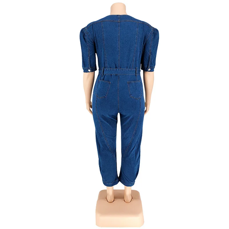 Benuynffy Plus Size Half Zipper Front Belted Jeans Jumpsuit Women 2025 New Streetwear Puff Sleeve Fashion Washed Denim Jumpsuit image 6