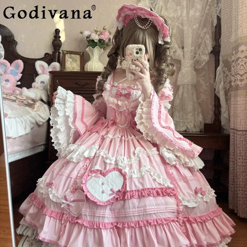 

Original Large Size Sweet Princess Style Pink Lolita Dress with Splicing Sleeves Autumn Girl's Women's Long Tea Party Dress Op