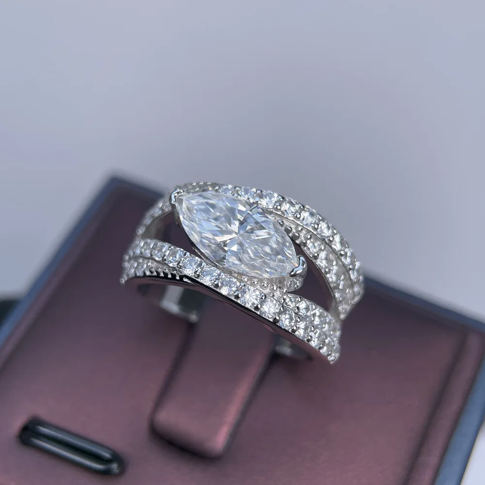925 Sterling Silver 2CT Marquise Moissanite Ring for Women Twisted Multi Layer Pave CZ Band Engagement Wedding Fine Jewelry Gift