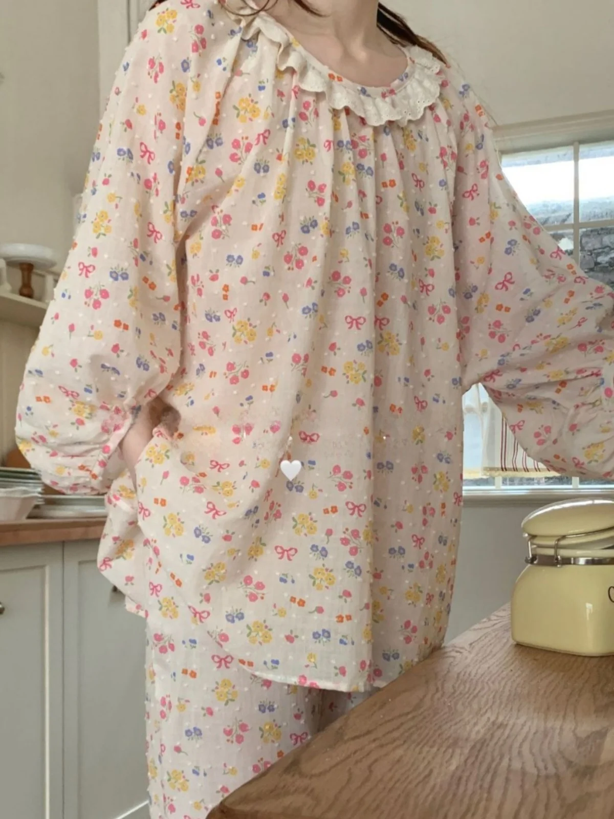 

Комплект домашней одежды из 100% хлопка с кружевной отделкой, женский, на четыре сезона, с длинным рукавом, свободного кроя, в корейском стиле, с цветочным принтом, повседневный