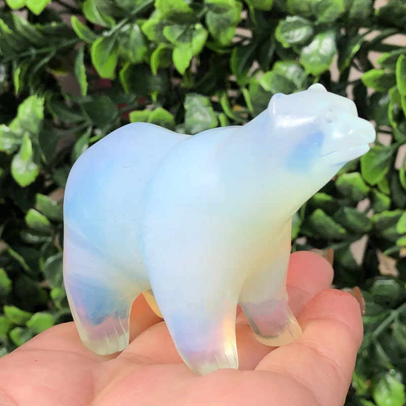 Beautiful Little Opalite Polar Bear Sculpture Decor Realistic Synthetic Quartz Crystal Carved Figurine Animal Collection Statue