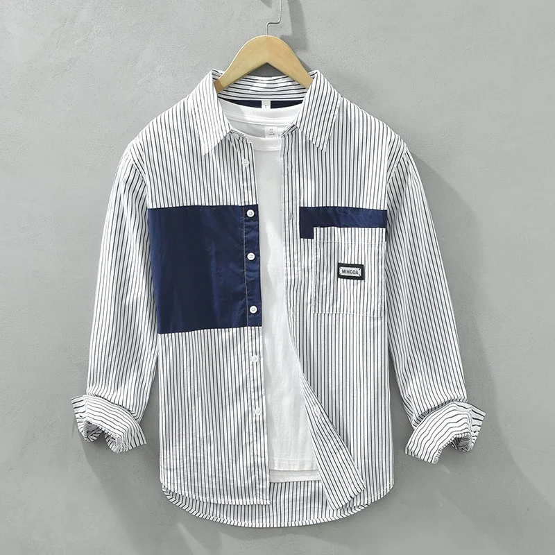 

Men's Fashion Slim Teen Cotton Comfortable Breathable Striped Trend British Style Outdoor Casual Long Sleeve Cotton Shirt