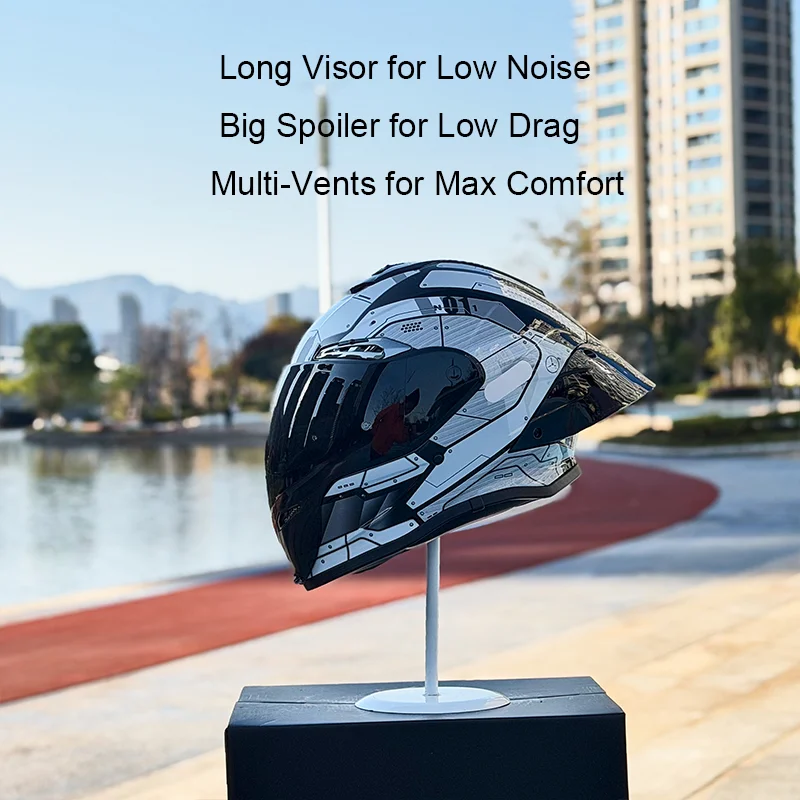 

Мотошлем NBTK Capacete Moto FullFace: футуристический дизайн, большой спойлер, сертифицирован DOT и ECE.