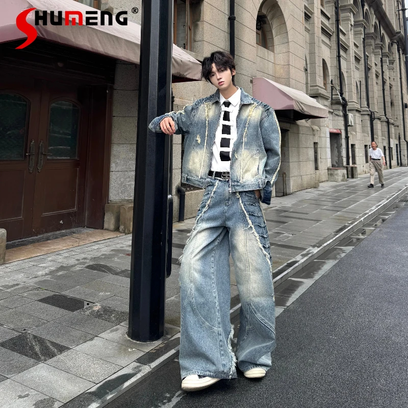

Men's 2025 Autumn New Two-Piece Sets Men's Tassel Fashion Retro Long Sleeve Denim Jackets Straight-Leg Jeans Men's Handsome Sets
