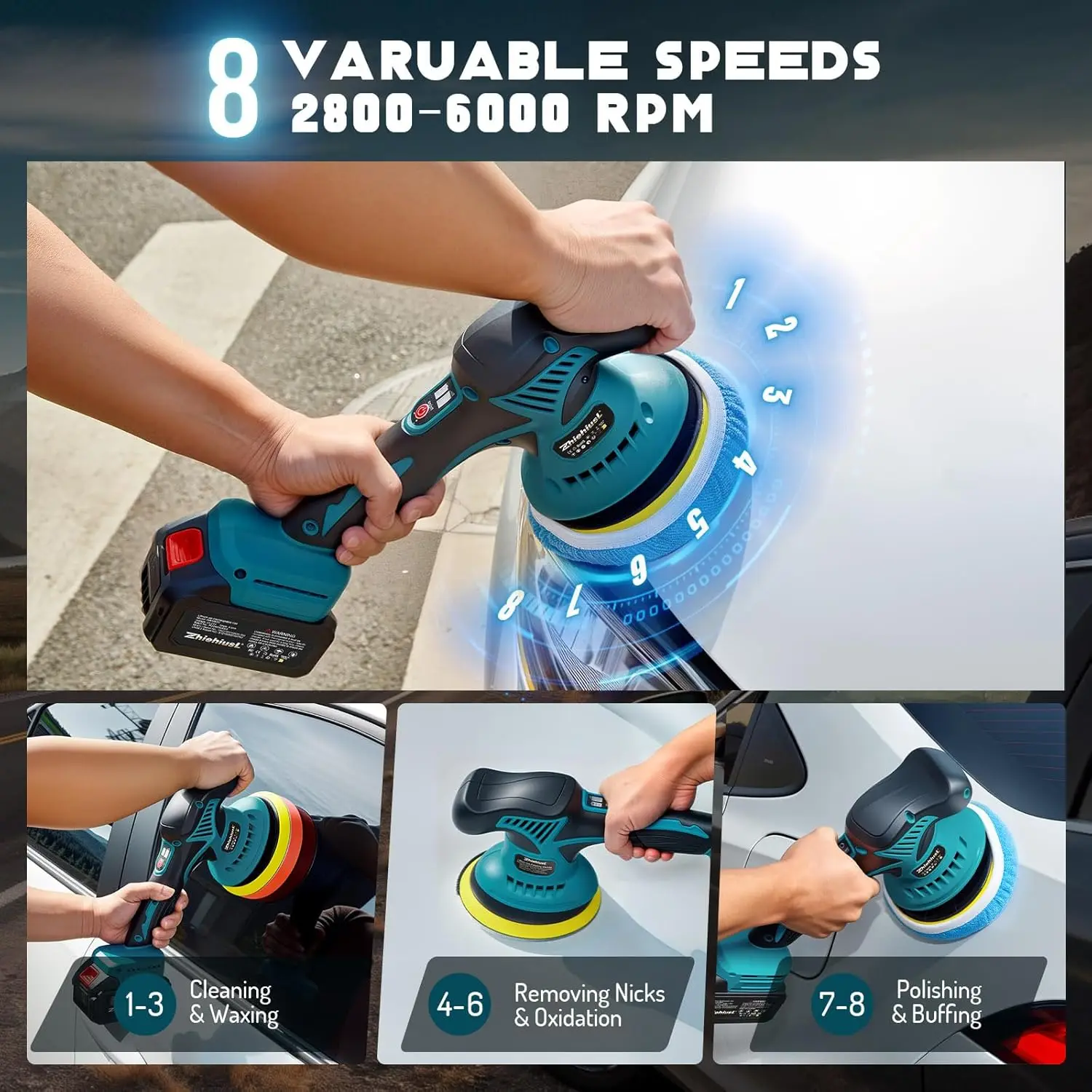 Cordless Car Buffer Polisher Kit, 6 Inch Dual Action Polisher With 2X 21V 3.0Ah Batteries, 8 Variable Speeds Up To 6000 Rpm,