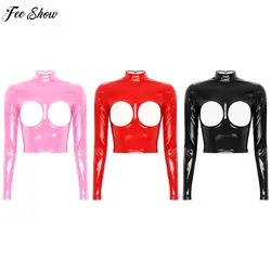 Womens Wetlook Patent Leather Open Cups Crop Top Mock Neck Long Sleeve Hollowed Breast Back Zipper Sexy Shirt Tops for Nightclub