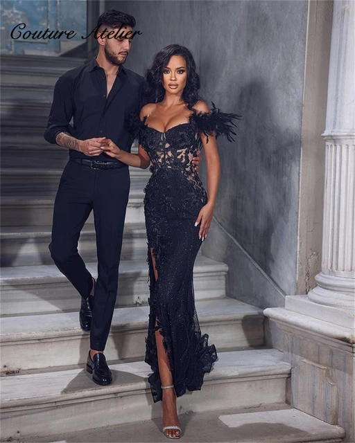 Elegant Black Evening Dresses Long Luxury 2024 Celebrity Feathers Off The  Shoulder Formal Occasion Dress Slit Wedding Party Gown - AliExpress