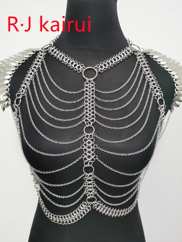 New Fashion RJFS26 Mermaid Silver Fish Scales Shoulder Bra Chains Layers Chainmail Dragon Scale Waist Belly Jewelry 2 Colors