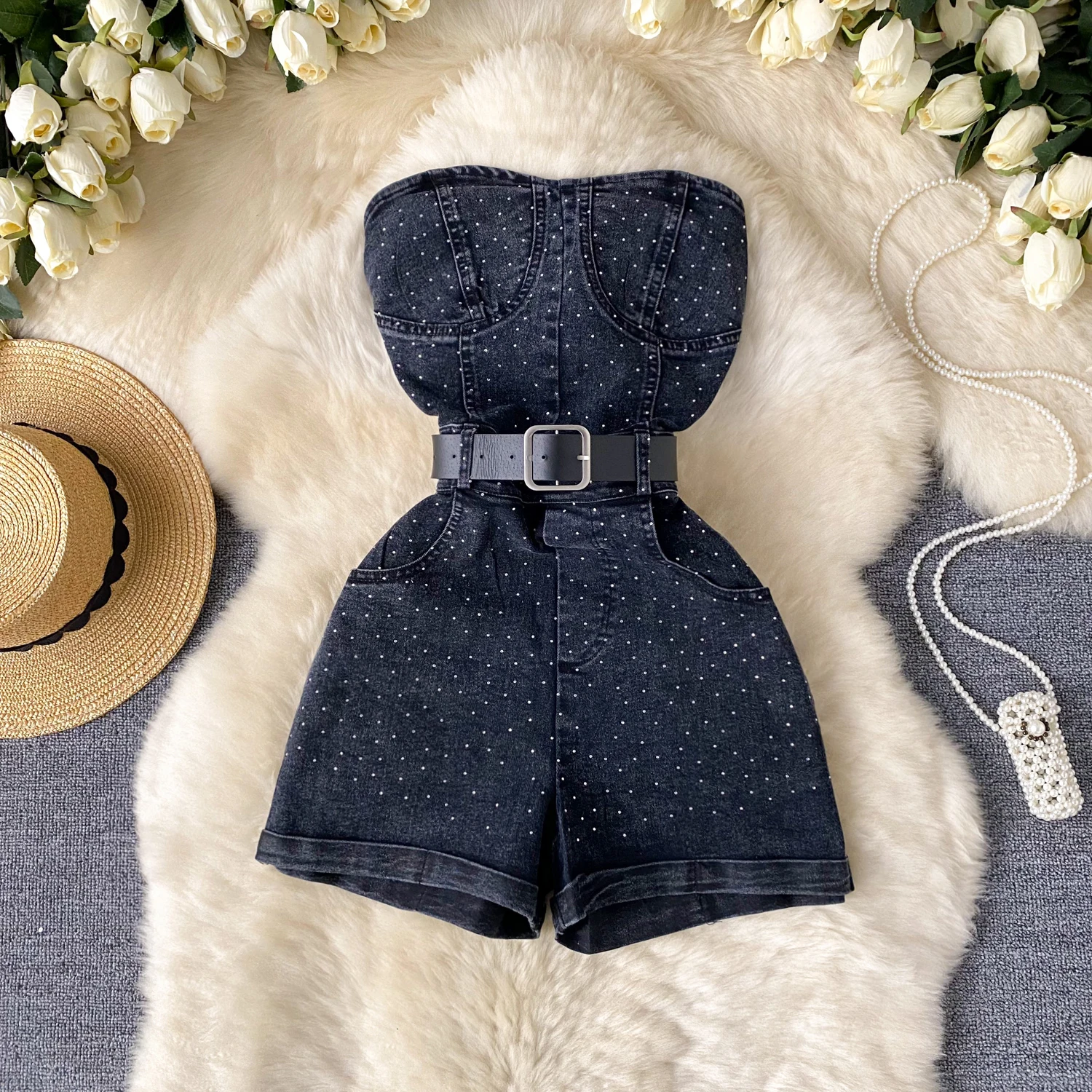 Women Denim one pieces Summer Playsuit Fashion Hot Drill High Waist Slim Sleeveless Strapless Sashes Outfits