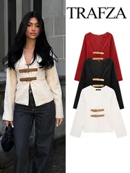 TRAFZA Women Autumn V-Neck Long Sleeves Belt Decoration Coats Woman New Fashion Solid Loose Casual Slim Jacket Streetwear Mujer