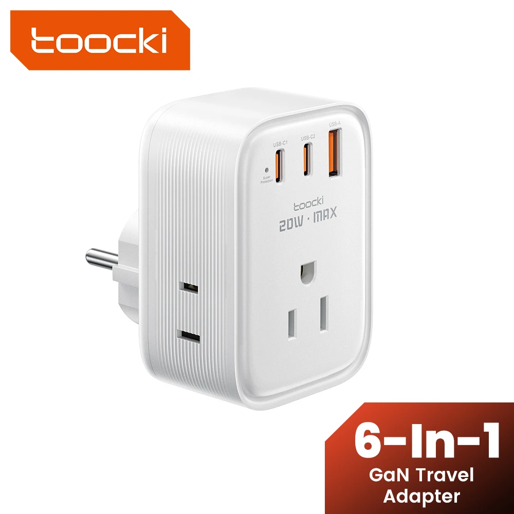 Toocki 20W GaN Charger Power Strip 3250W Travel Adapter WIth 3AC Outlet QC3.0 USB PD 20W Type C Fast Charging for iPhone Samsung