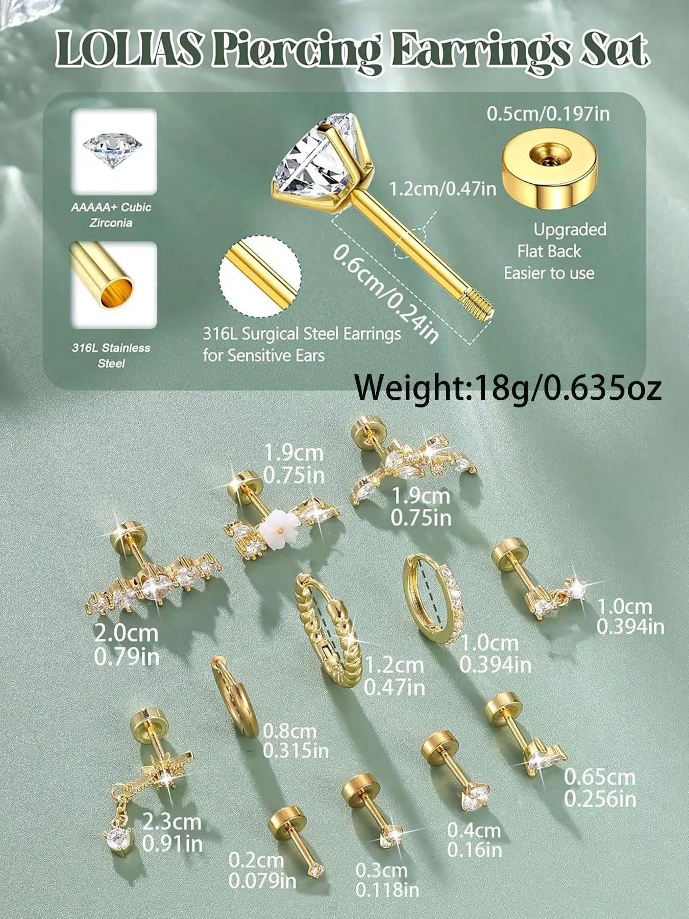 12 Stück Flache Ohrringe für Frauen, Hypoallergene Stahl-Ohrstecker für Empfindliche Ohren, Edelstahl-Flachohrringe S – Detail 3