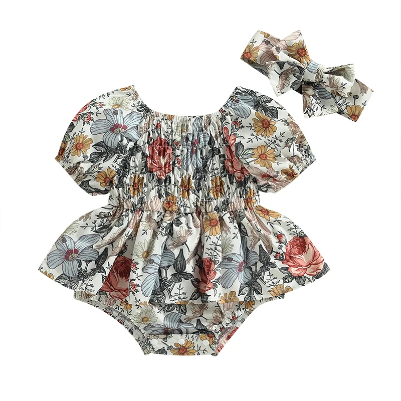 

Infant Baby Girls Summer Romper Dresses Floral Print Short Puff Sleeve Round Neck Bodysuits Jumpsuit + Headband 2pcs