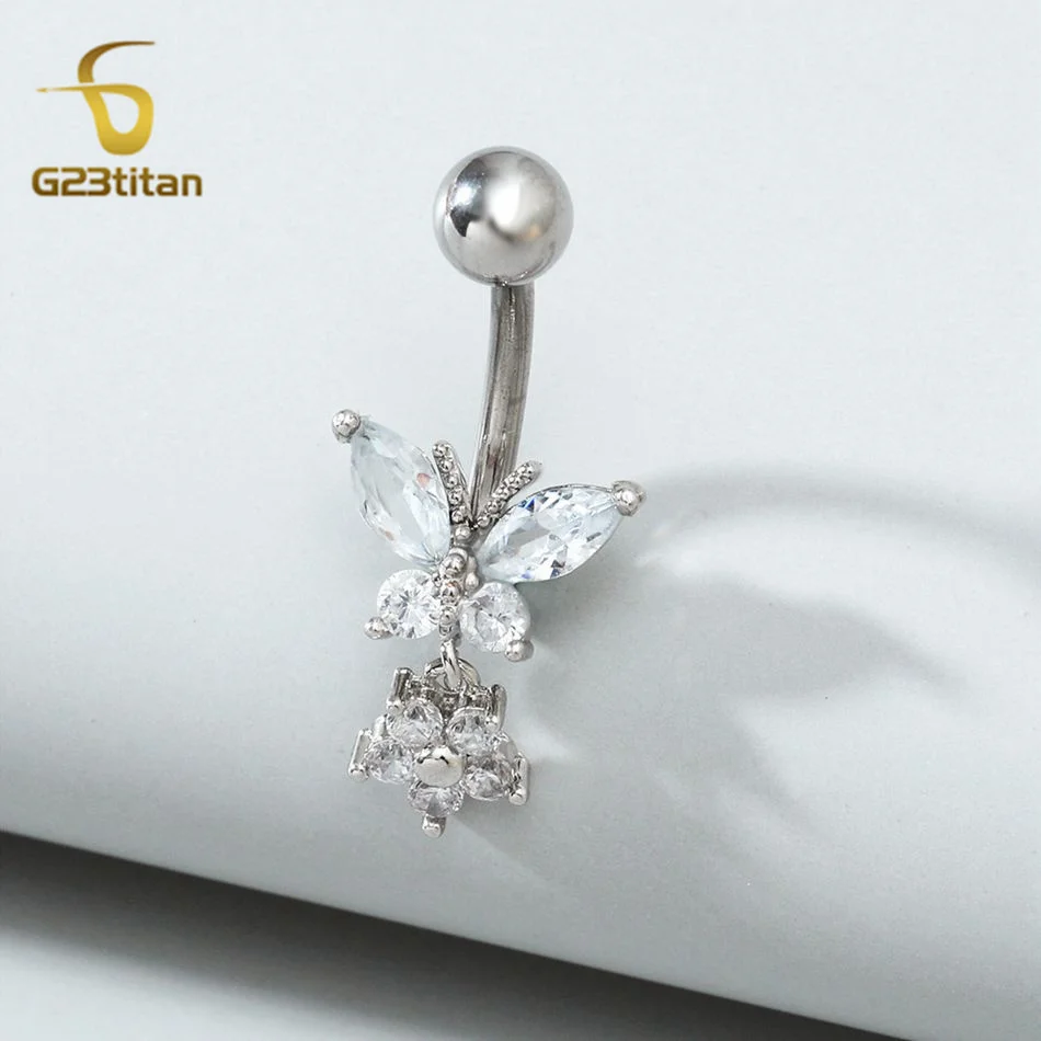 G23titan Butterfly Flower Zircon Pendant Belly Button Ring 14G Titanium Steel Barbell Piercing Body Accessories Navel Jewelry