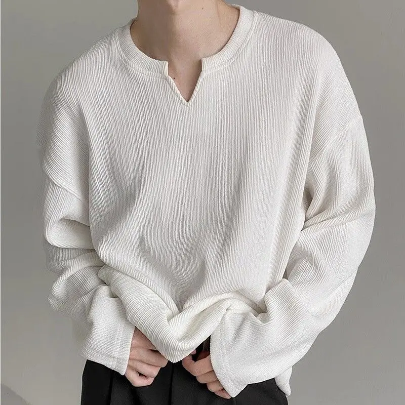 Spring Autumn New V-neck Fashion Long Sleeve T-Shirts Man Solid Color Striped Pullovers High Street Casual Loose Comfortable Top