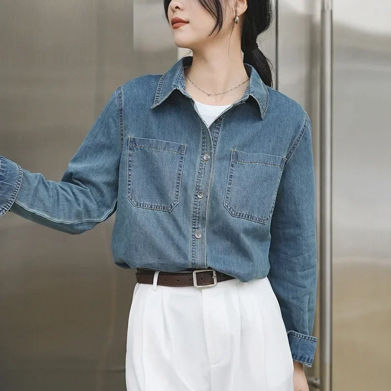 

Denim Shirts for Women Distressed Washed Tops Blouse Outerwear Pockets Lapel Single Breasted Female 2025 Vintage Overshirt