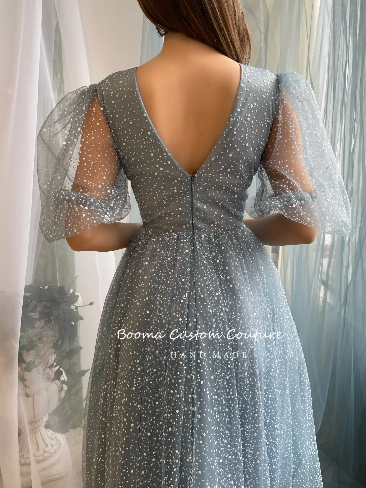 Booma Blue Dotted Tulle Midi Prom Dresses V-Neck Half Puff Sleeves Tea-Length A-Line Wedding Party Dresses Formal Evening Gowns