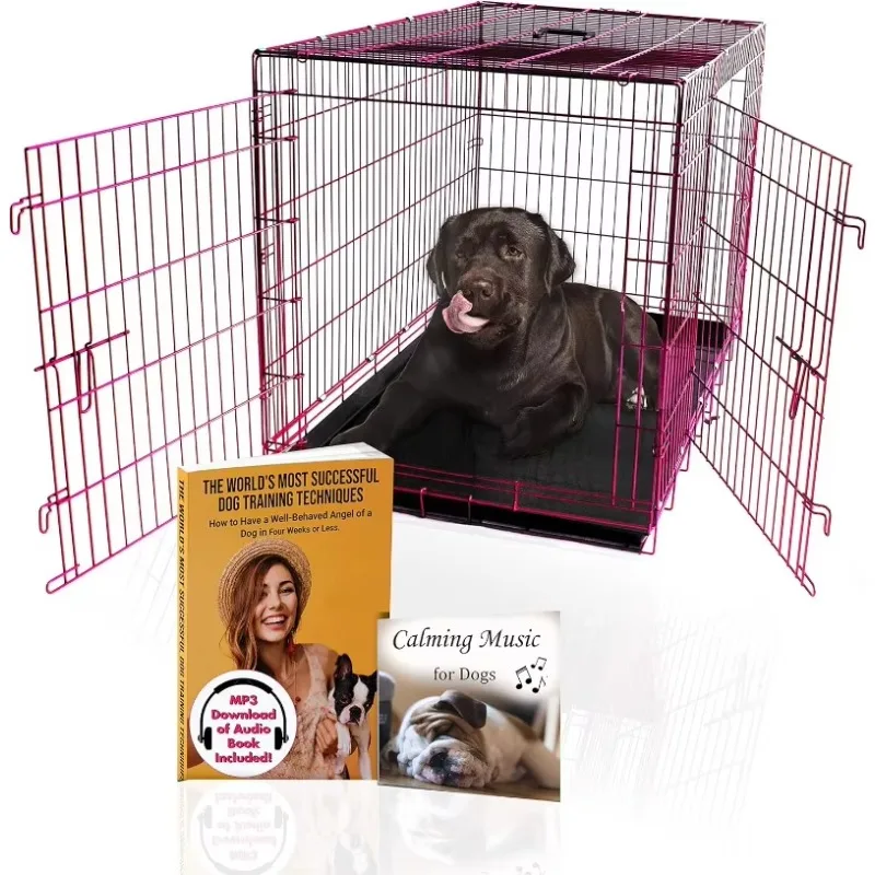 Luxury Colorful 48 Inch Foldable Dog Crate with 2 Doors | Free Training Ebook and Pet Calming Music | 3 Colors & 3