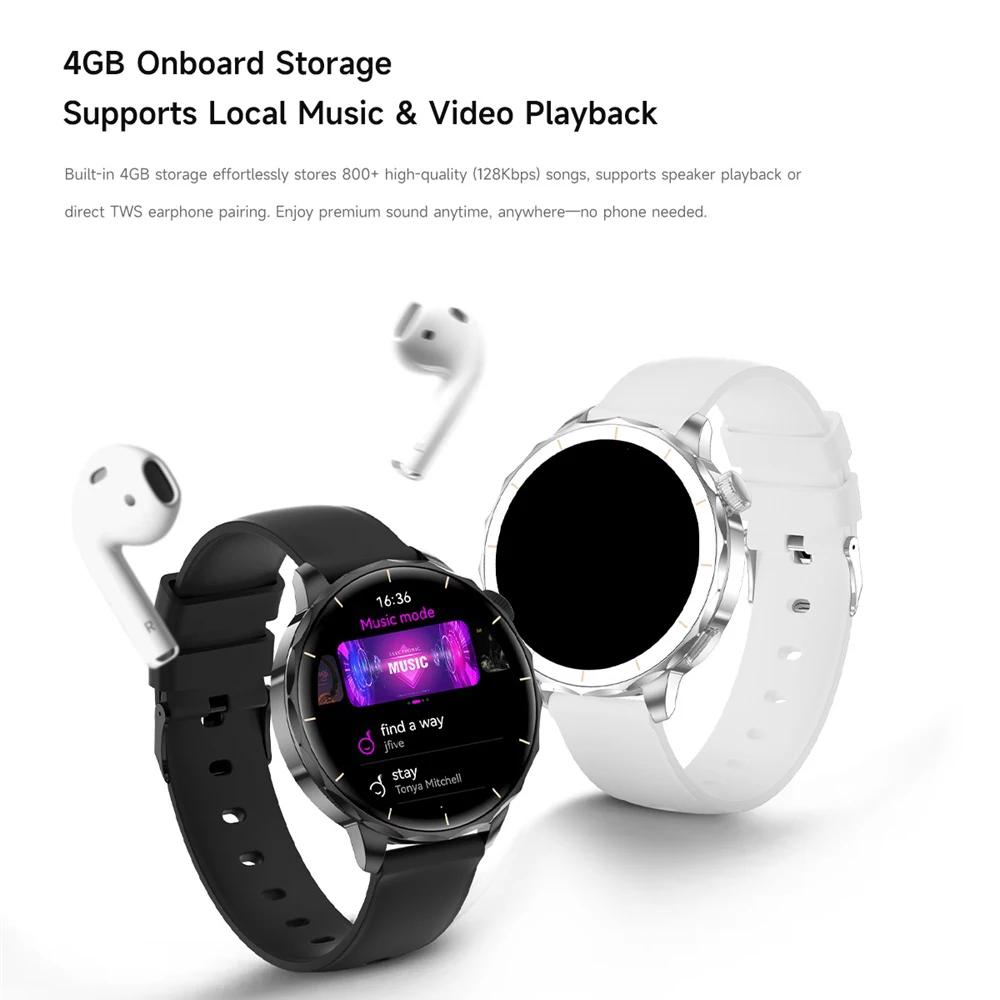عالية المستوى AMOLED بلوتوث دعوة Smartwatch 4G ذاكرة الموسيقى APP تحميل معدل ضربات القلب AI مساعد ذكي الرياضة ساعة ذكية