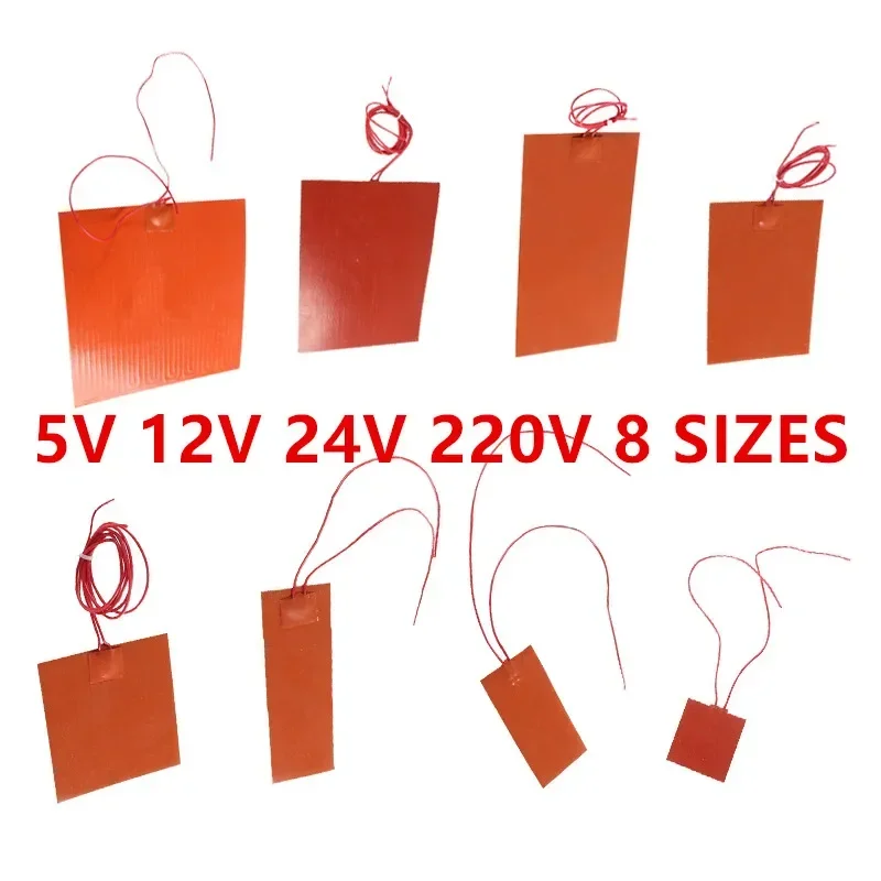 5V/12V/24V/220V 0.4W Silicone Heating Pad Rubber Heat Mat Waterproof Heated Bed Plate Flexible 3D Printer Pad Household Tool