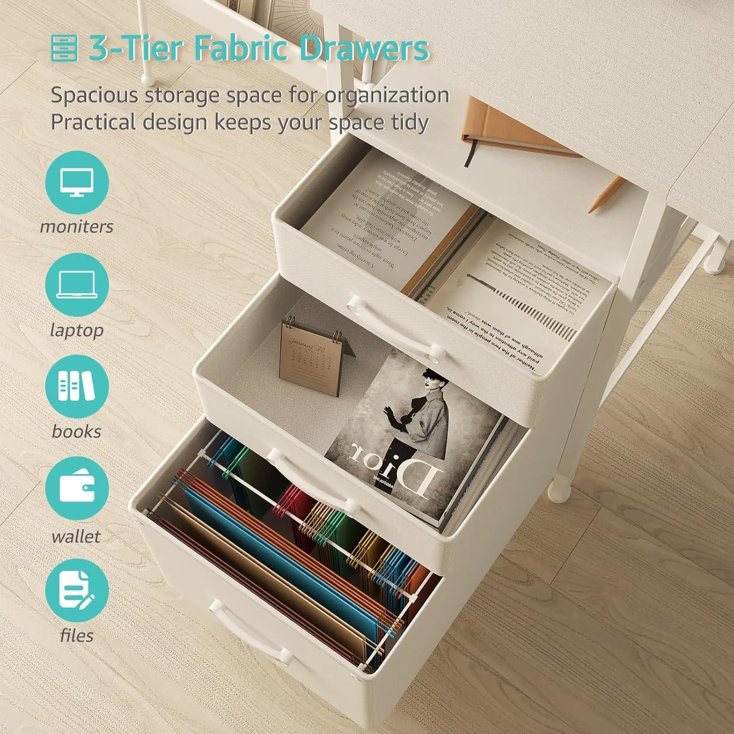 مكتب كمبيوتر أبيض مقاس 55 بوصة مع أدراج وحامل شاشة وأضواء LED ومكتب كتابة للمكتب المنزلي مع منافذ طاقة لغرفة النوم #5