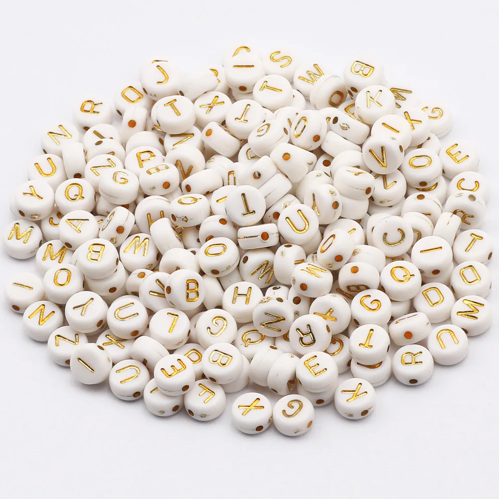 Gold Color Single Letters Beads White Flat Round Alphabet Acrylic Spacer Beads For Jewelry Making Bracelet Key Chain Accessories