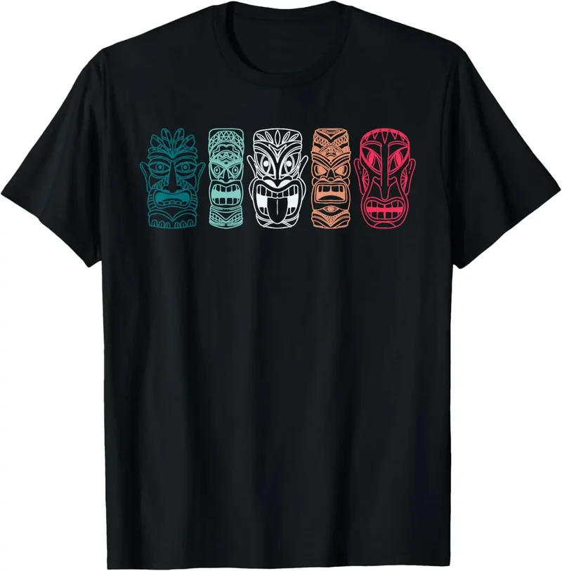 Vintage Hawaiian Tiki Mask Graphic Tee Retro Tribal Totem Cotton Short Sleeve T Shirt Hawaii Beach Lover Casual Daily Y2k Top