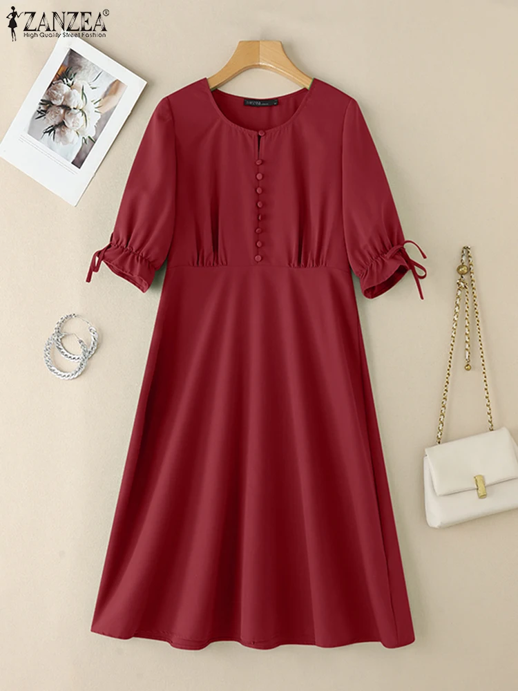 

ZANZEA Elegant Fashion Vestidos O-Neck 2025 Summer Womens Solid Midi Dresses Short Puff Sleeve Fitted Waist A-line Robes Femme