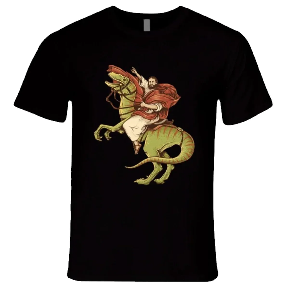 Funny Jesus Riding A Velociraptor. Inspiration From The Portrait of Napoleon T-Shirt Cotton O-Neck Short Sleeve Mens T Shirt New