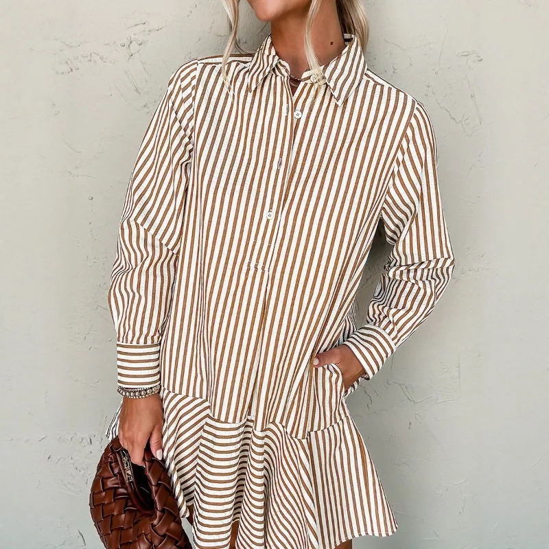 2025 Autunno Moda Stripe Casual Concise Camicia Abito da donna Colletto rovesciato Manica intera Monopetto Patchwork Abito elegante
