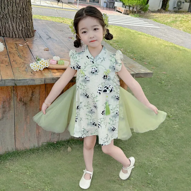 2025 Summer Kids girls Flying sleeve panda chiffon party Dresses lace Princess Children braces cheongsam qipao 5 6 7 8 10 Years